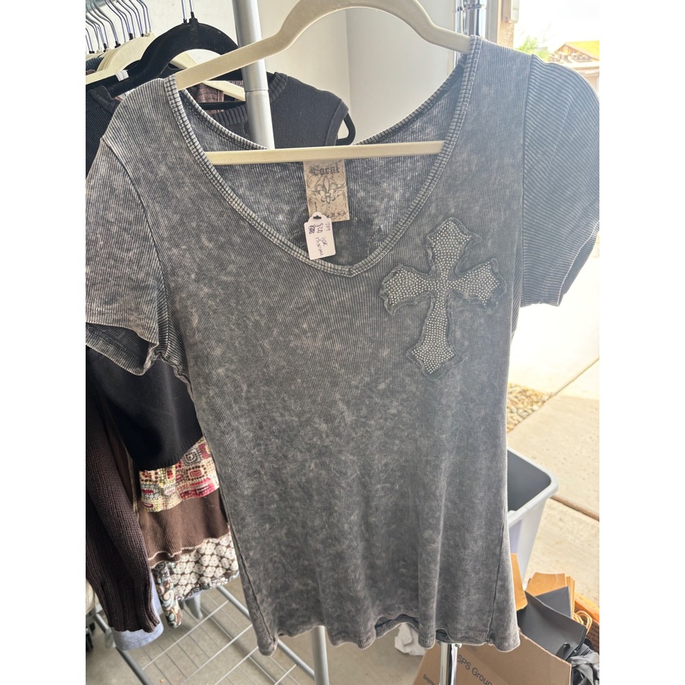 Y2K Rhinestone Cross Top Grey Acid Wash Vocal Grunge Gothic Ribbed Tee Shirt
